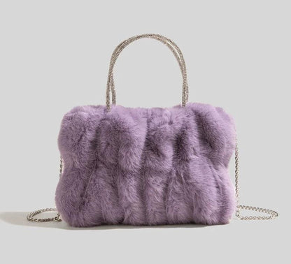 Soft Plush Faux Fur Style Crossbody Bag in Horizontal Square shape with Chain single sling with Magnetic buckle opening. Comes with gift box & gift bag.  Available in; White, Turquoise, Pink, Purple, Brown, Black. 