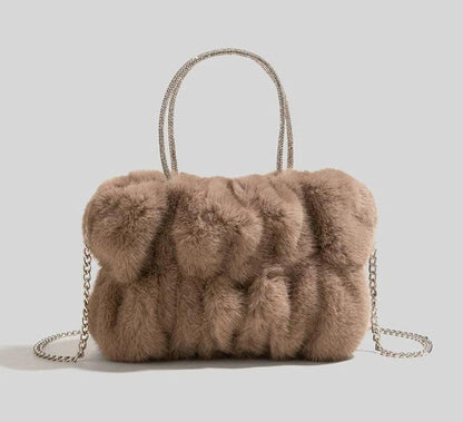 Soft Plush Faux Fur Style Crossbody Bag in Horizontal Square shape with Chain single sling with Magnetic buckle opening. Comes with gift box & gift bag.  Available in; White, Turquoise, Pink, Purple, Brown, Black. 