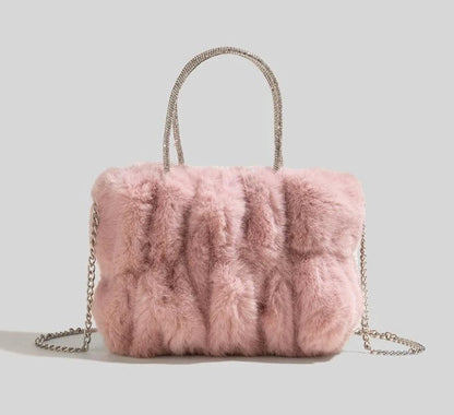 Soft Plush Faux Fur Style Crossbody Bag in Horizontal Square shape with Chain single sling with Magnetic buckle opening. Comes with gift box & gift bag.  Available in; White, Turquoise, Pink, Purple, Brown, Black. 