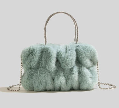 Soft Plush Faux Fur Style Crossbody Bag in Horizontal Square shape with Chain single sling with Magnetic buckle opening. Comes with gift box & gift bag.  Available in; White, Turquoise, Pink, Purple, Brown, Black. 