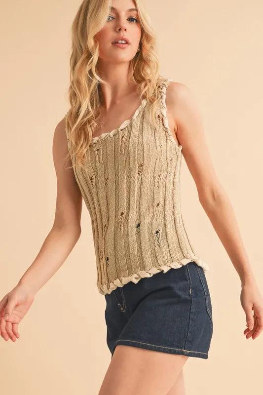 Aemi+Co Distressed Detail Round Neck Knit Tank.