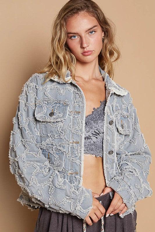 POL Star Textured Raw Hem Long Sleeve Denim Jacket.