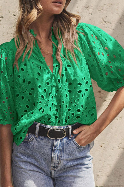 Eyelet Button Up Half Sleeve Top