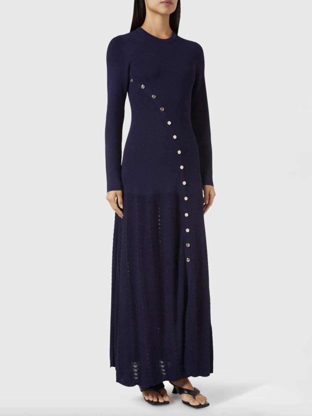 Openwork Round Neck Long Sleeve Sweater Dress.