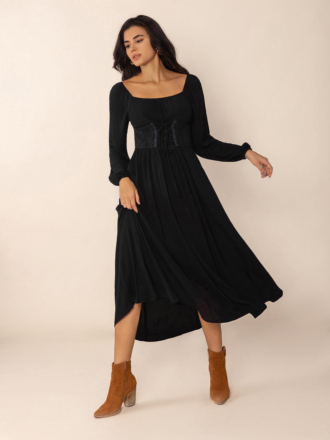 Lace-Up Square Neck Long Sleeve Midi Dress.