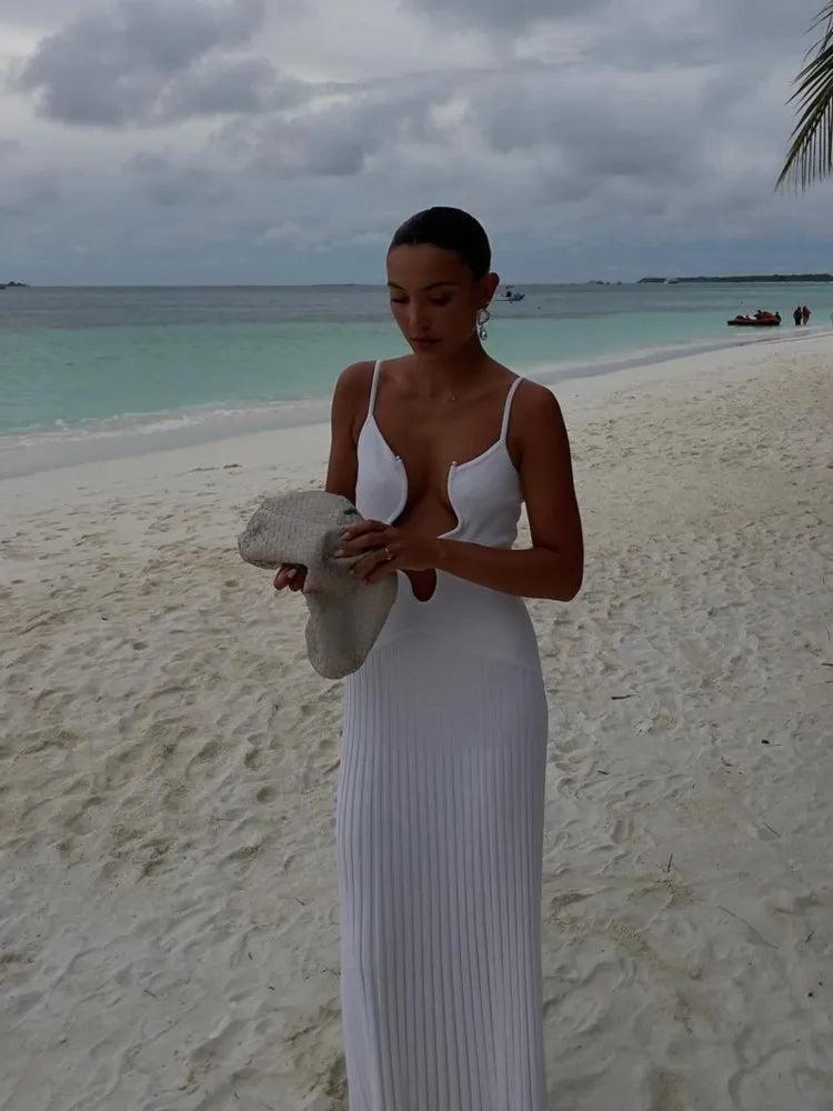 Women's Ankle-Length Sleeveless Dress – Deep V-Neck, Pleated Skirt, Sheath Fit.