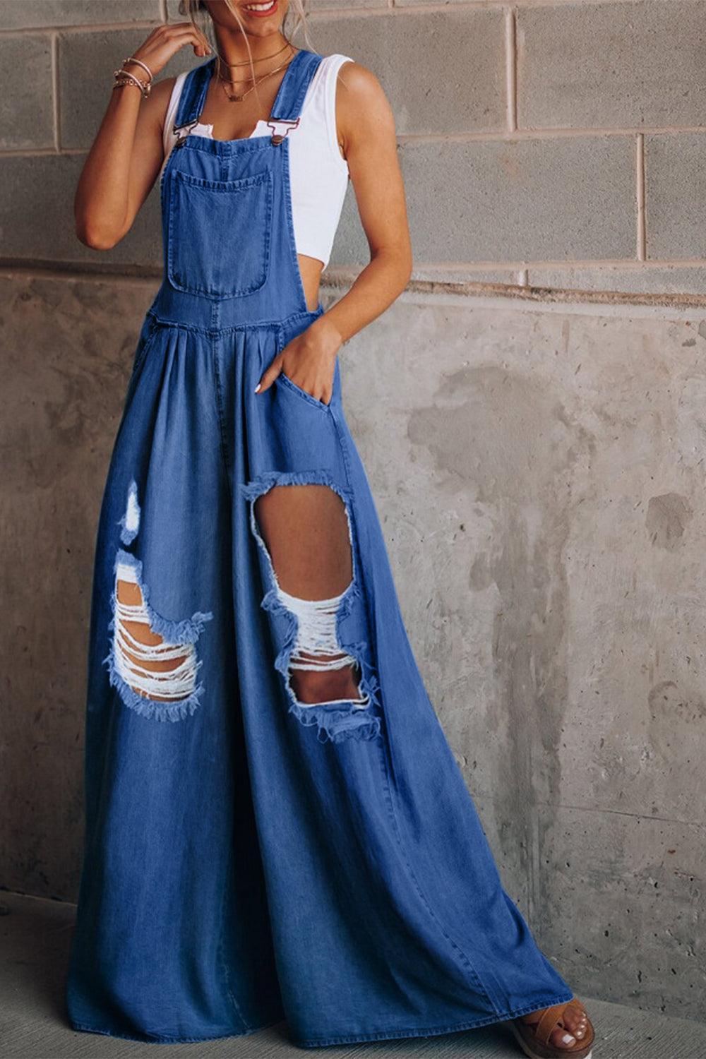 Distressed Wide Leg Denim Overalls - SHANKARA CHÉRIE