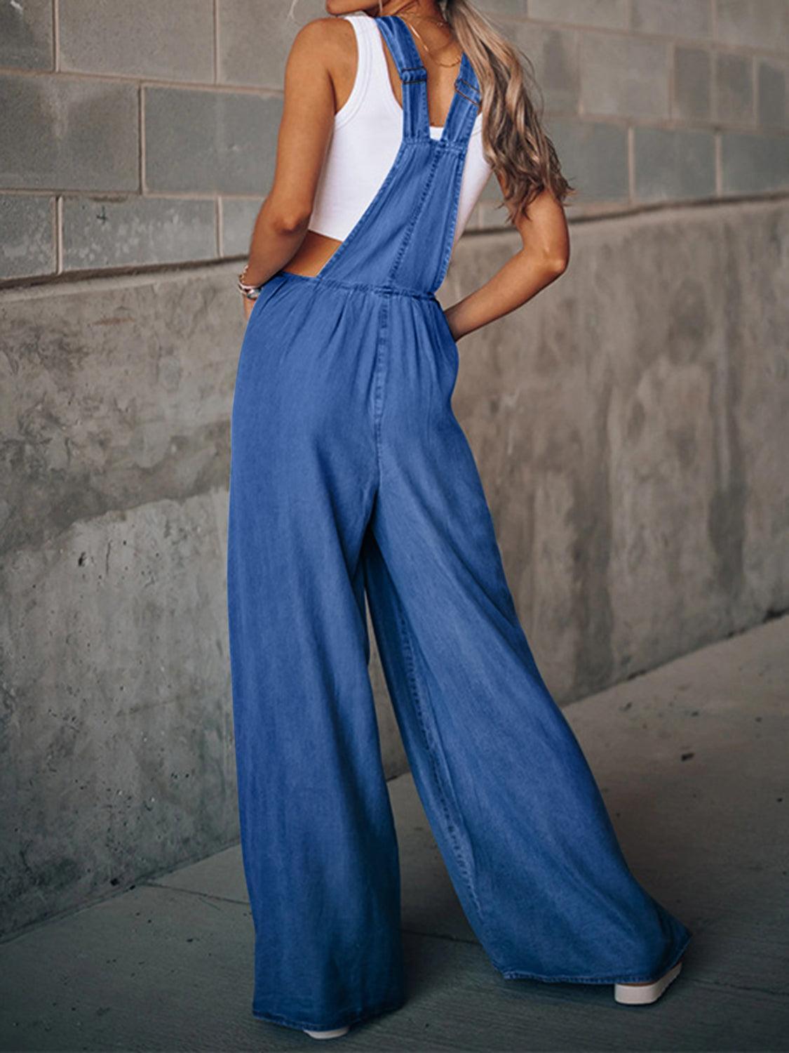 Distressed Wide Leg Denim Overalls - SHANKARA CHÉRIE