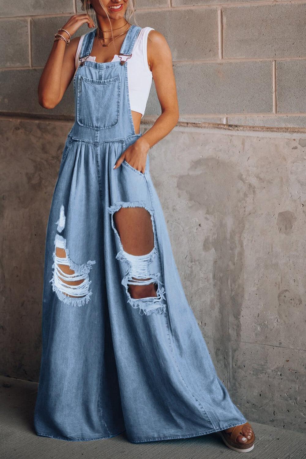 Distressed Wide Leg Denim Overalls - SHANKARA CHÉRIE