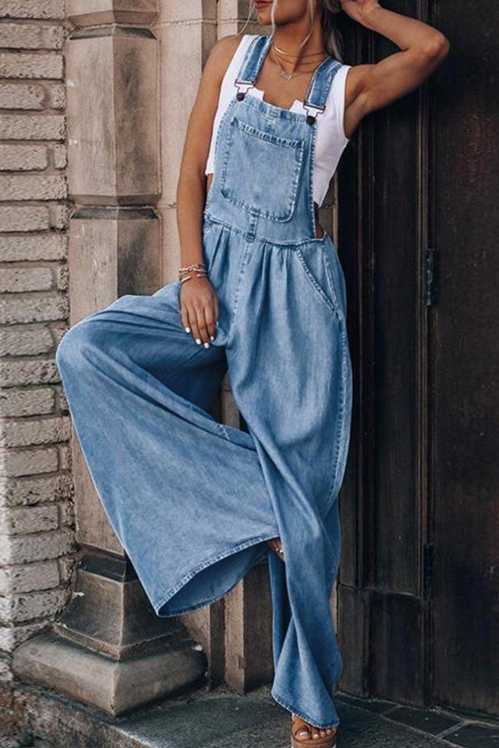 Distressed Wide Leg Denim Overalls - SHANKARA CHÉRIE