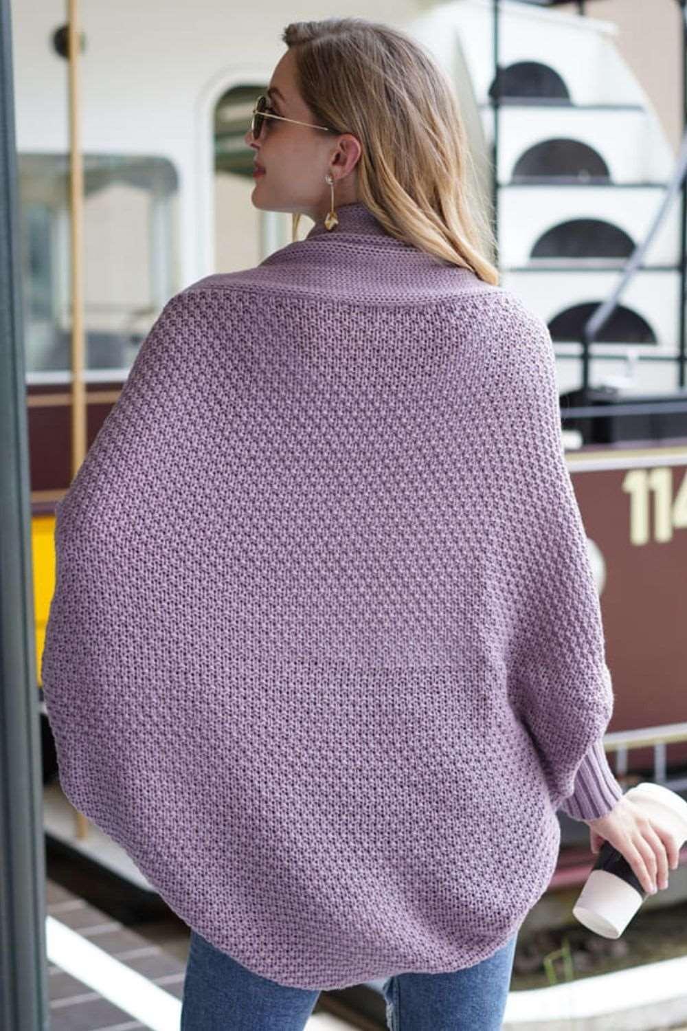 Double Take Dolman Sleeve Open Front Ribbed Trim Longline Cardigan.