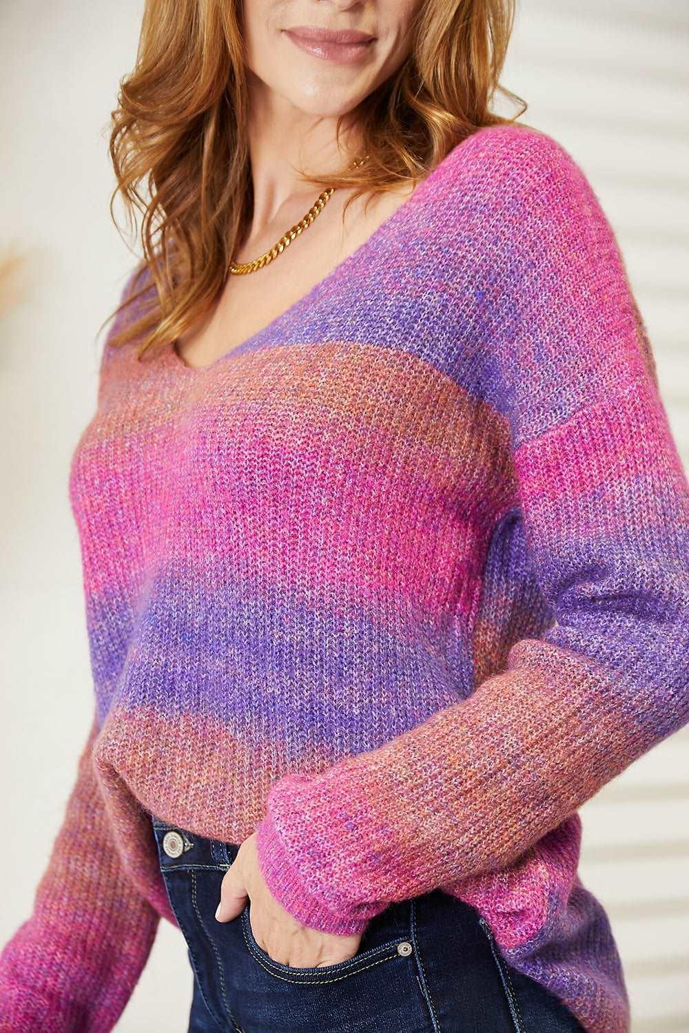 Double Take Multicolored Rib-Knit V-Neck Knit Pullover