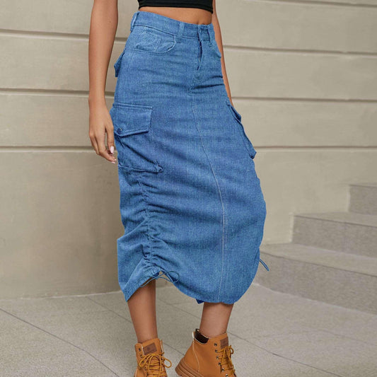 Drawstring Ruched Slit Denim Midi Skirt.