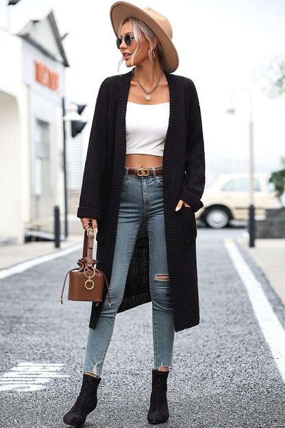 Dropped Shoulder Long Sleeve Cardigan with Pocket