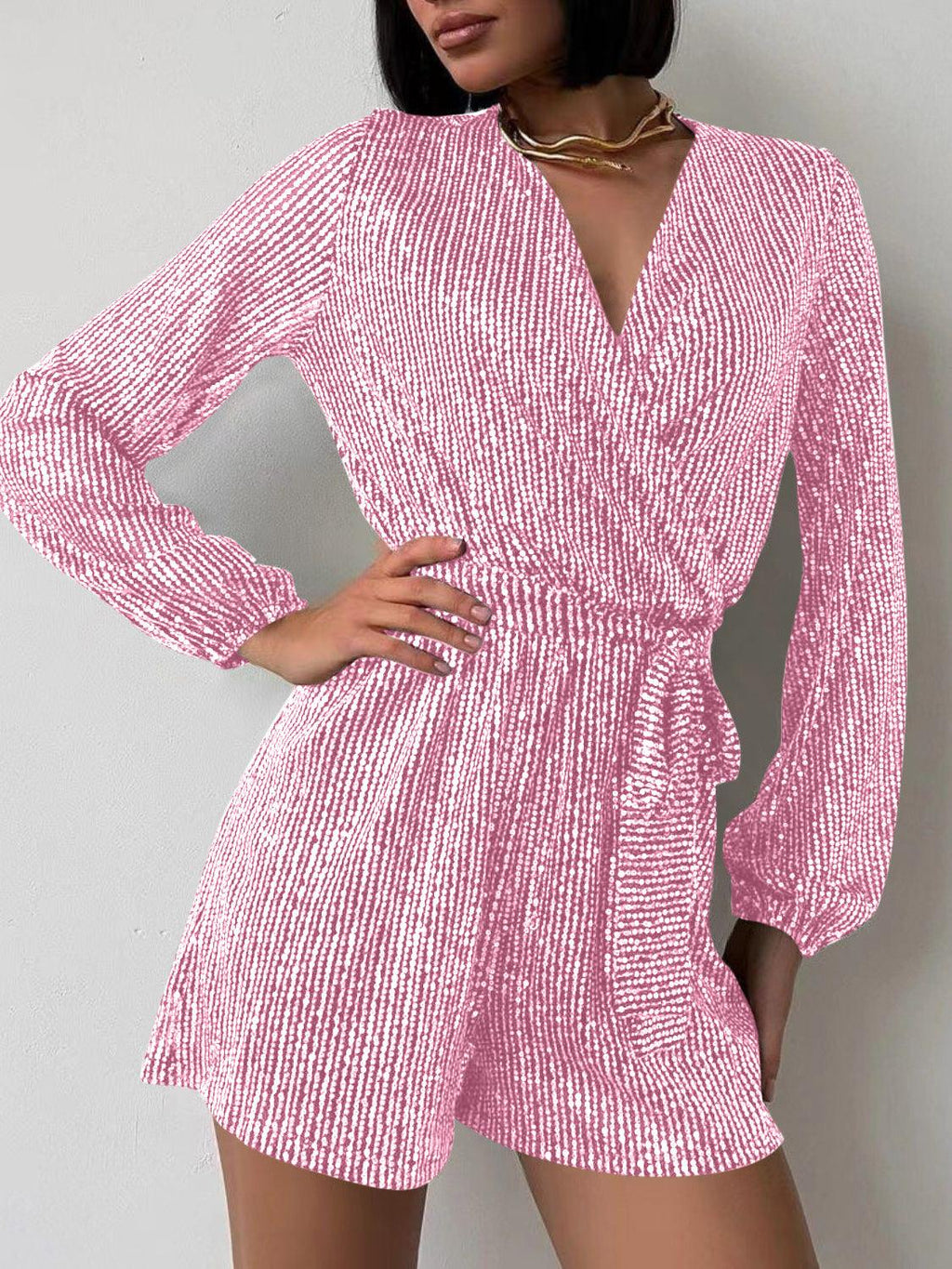 Full Size Sequin Surplice Tie Waist Long Sleeve Romper - SHANKARA CHÉRIE