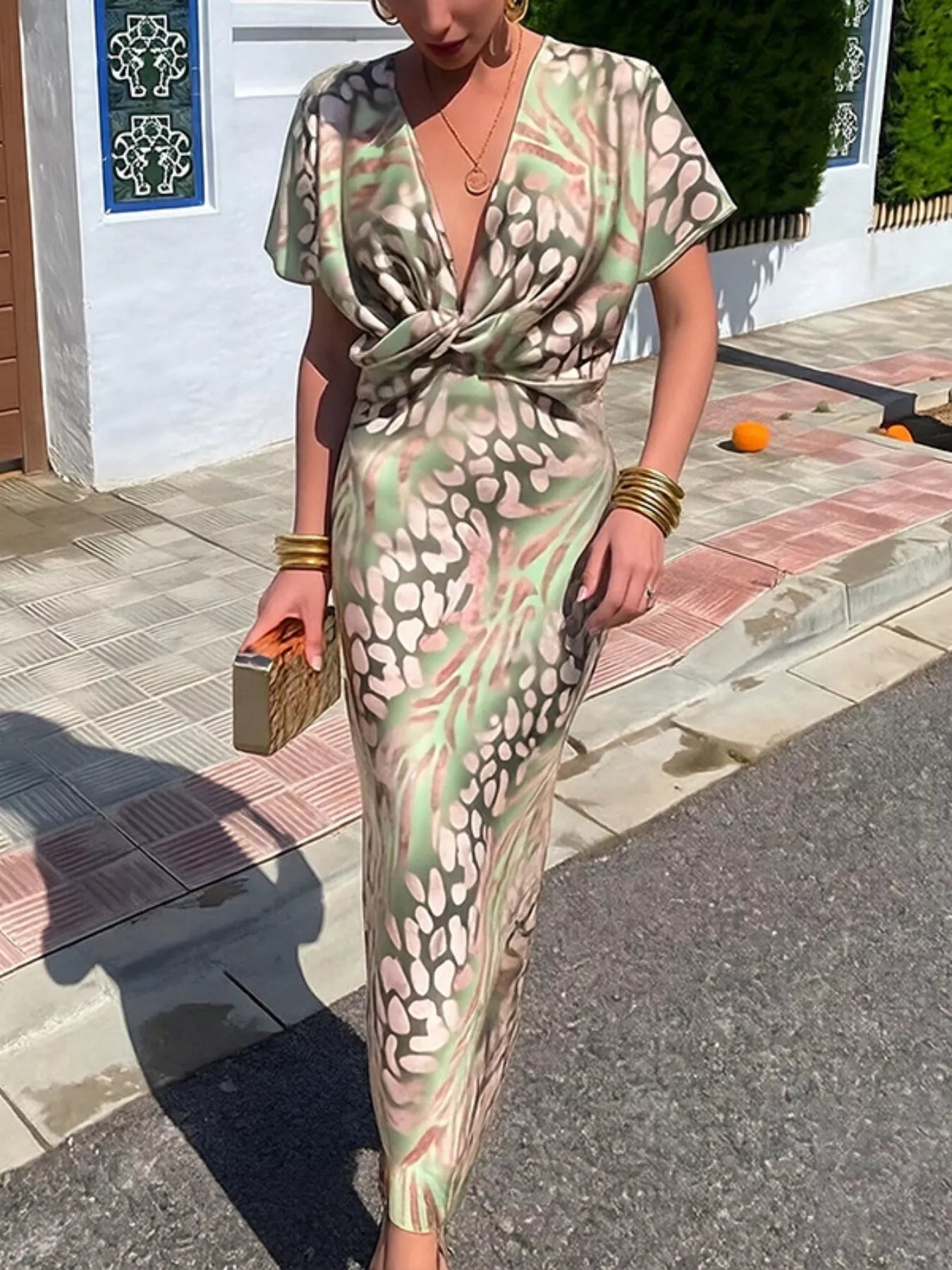 Twist-front animal print maxi dress, plus size boho resort summer maxi