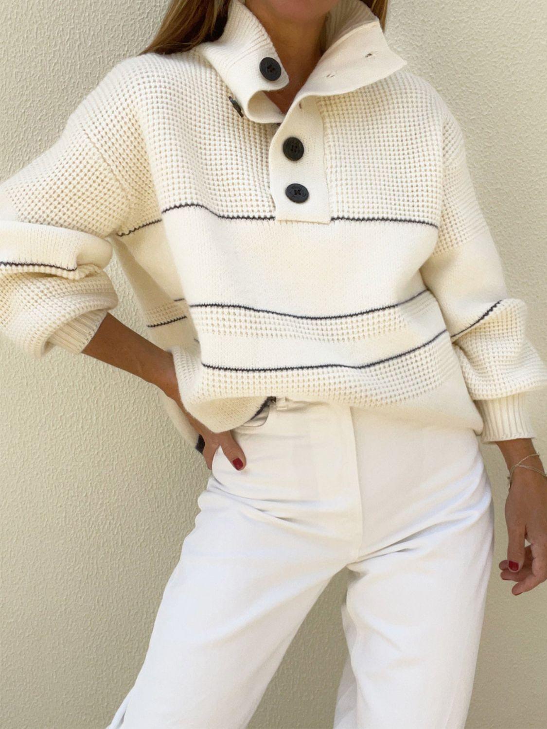Waffle-Knit Half Button Long Sleeve Sweater.