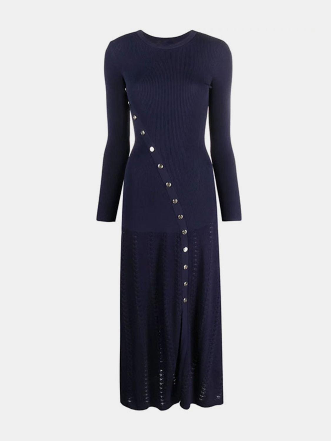 Openwork Round Neck Long Sleeve Sweater Dress.