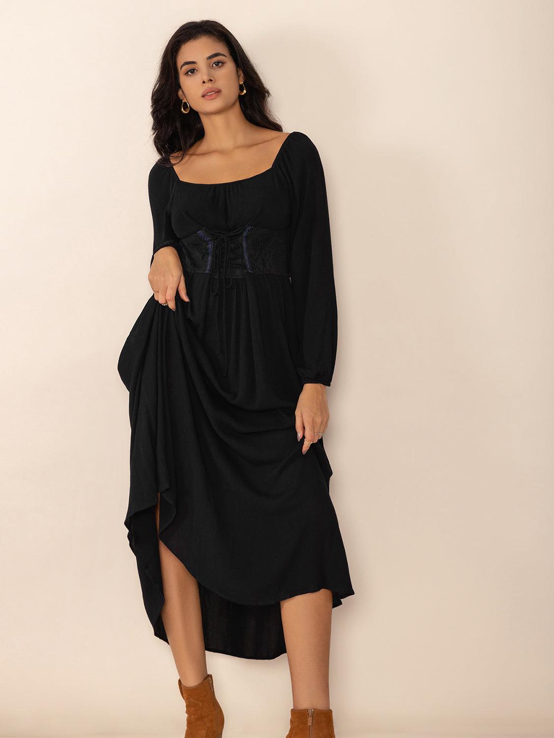 Lace-Up Square Neck Long Sleeve Midi Dress.