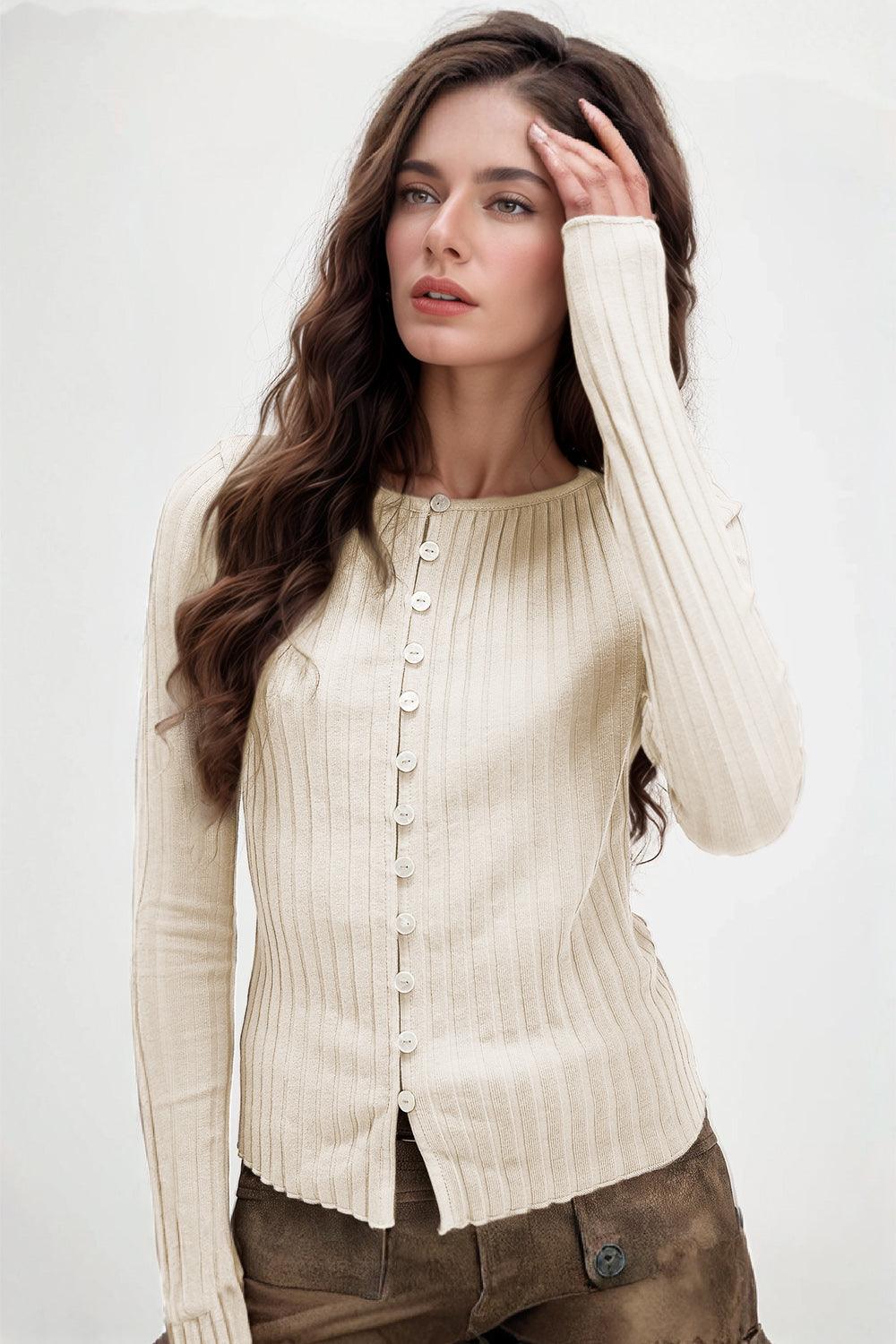 Basic Bae Texture Button Up Round Neck Long Sleeve Top.