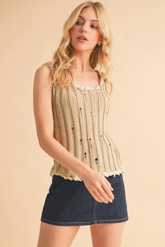 Aemi+Co Distressed Detail Round Neck Knit Tank.