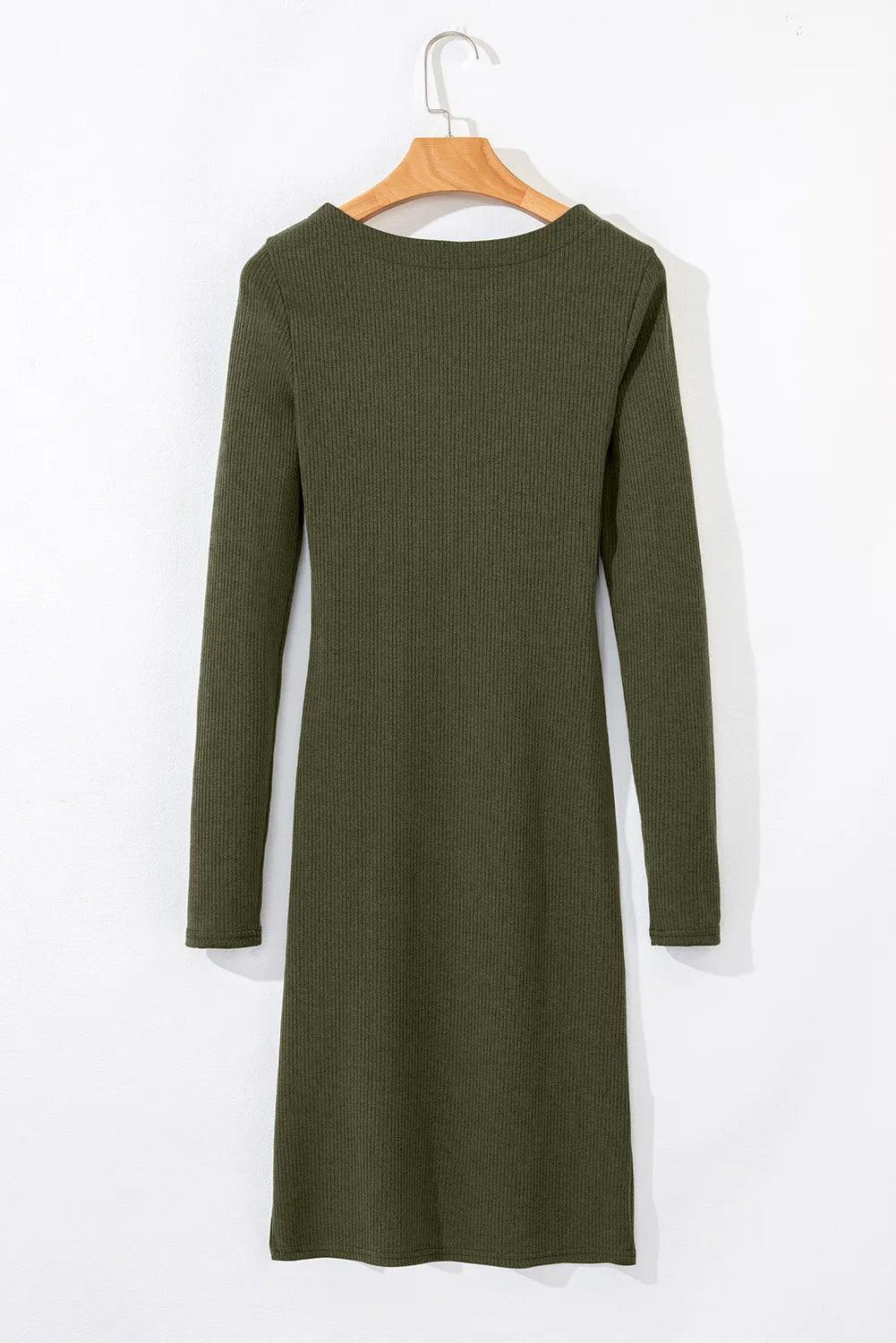 Slit Round Neck Long Sleeve Mini Dress.