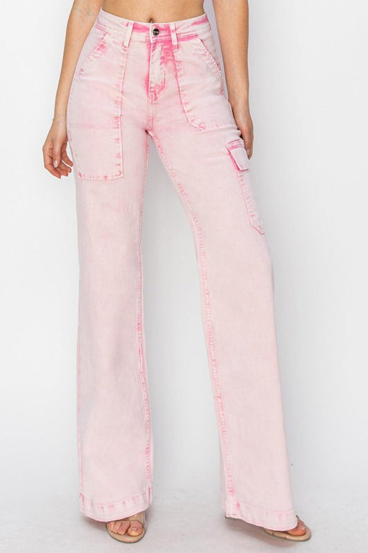 RISEN Full Size High Rise Wide Leg Cargo Pocket Jeans.