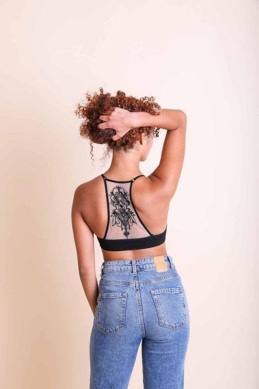 Embroided Mesh Racerback Bralette.
