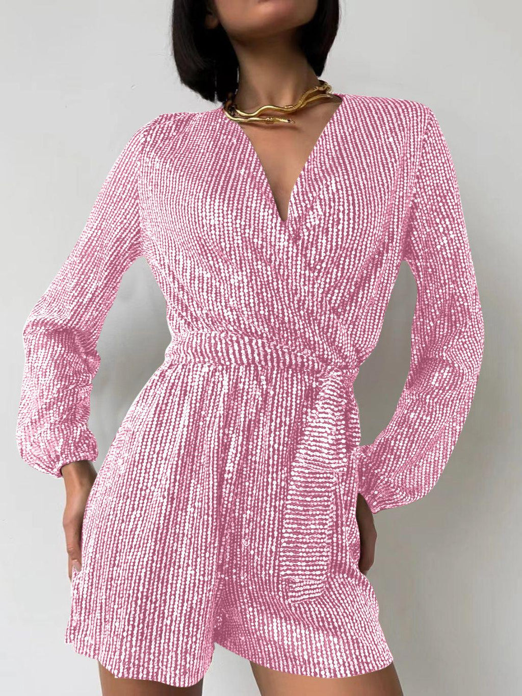 Full Size Sequin Surplice Tie Waist Long Sleeve Romper - SHANKARA CHÉRIE