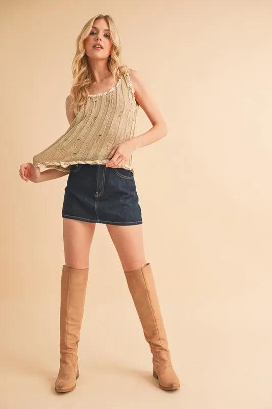 Aemi+Co Distressed Detail Round Neck Knit Tank.