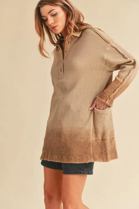 Aemi+Co Waffle-Knit Frayed Hem Button Detail Top.