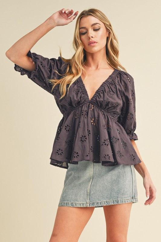 Aemi + Co Eyelet Embroidered V-Neck Half Sleeve Peplum Blouse.