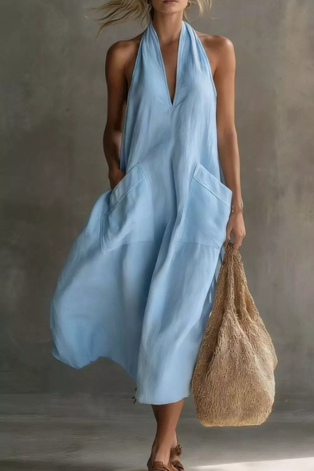 Casual halter neck midi dress with pockets, boho resort summer midi dress