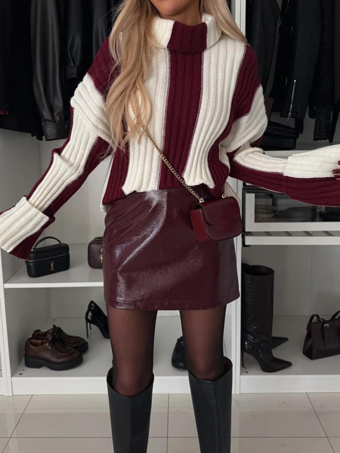 Striped Turtleneck Dropped Shoulder Sweater.