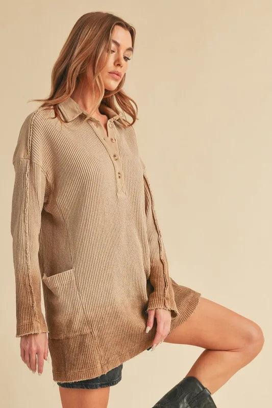 Aemi+Co Waffle-Knit Frayed Hem Button Detail Top.