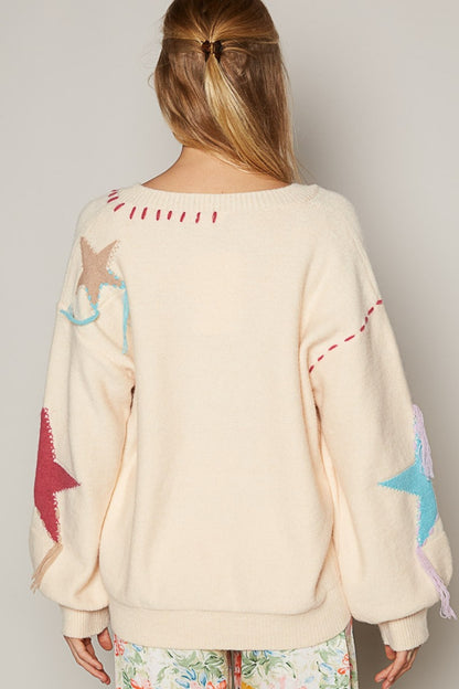 V-Neck Long Sleeve Star Fringe Sweater