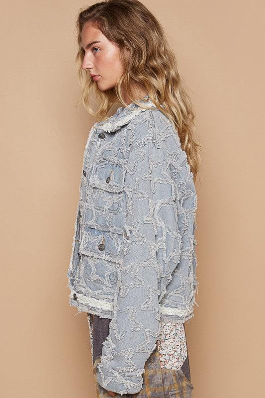 POL Star Textured Raw Hem Long Sleeve Denim Jacket.