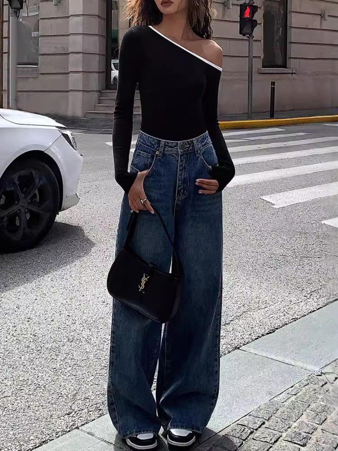 Contrast Trim One Shoulder Long Sleeve Top.