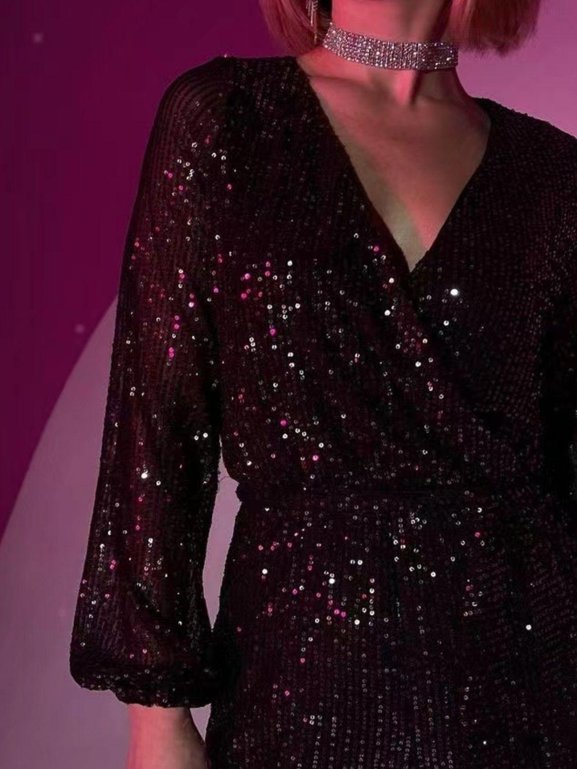 Full Size Sequin Surplice Tie Waist Long Sleeve Romper.