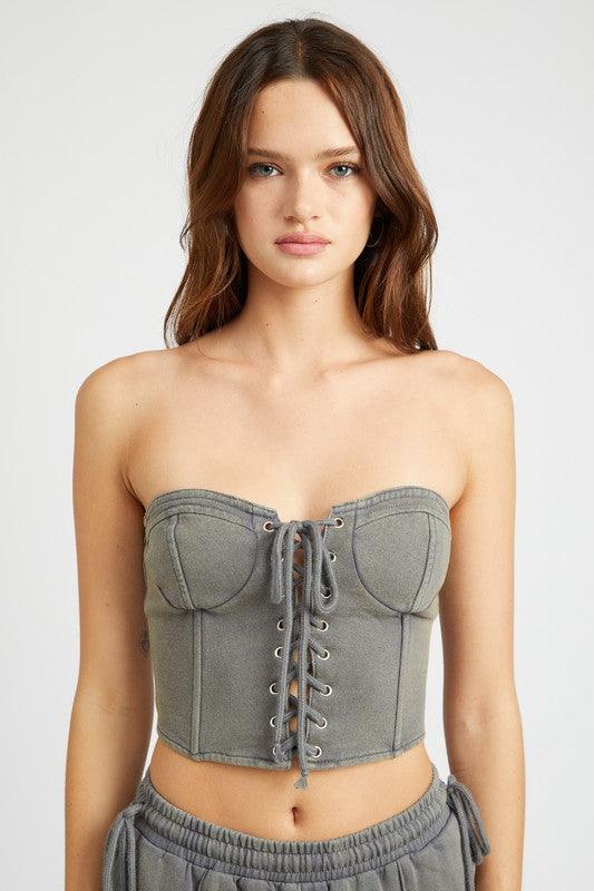 FRENCH TERRY STRAPLESS BUSTIER TOP.