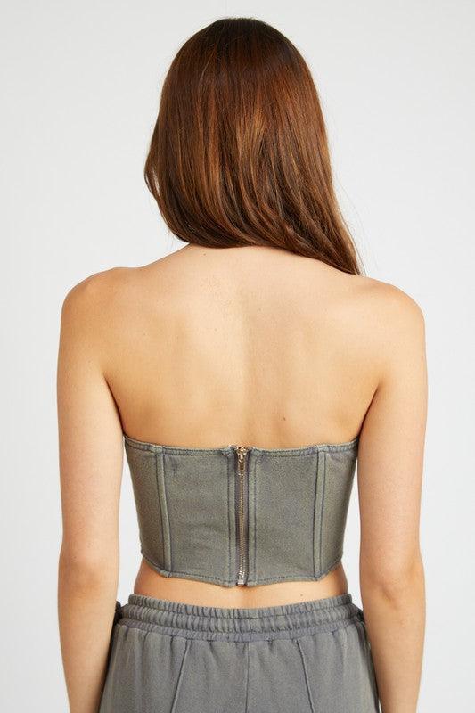 FRENCH TERRY STRAPLESS BUSTIER TOP.