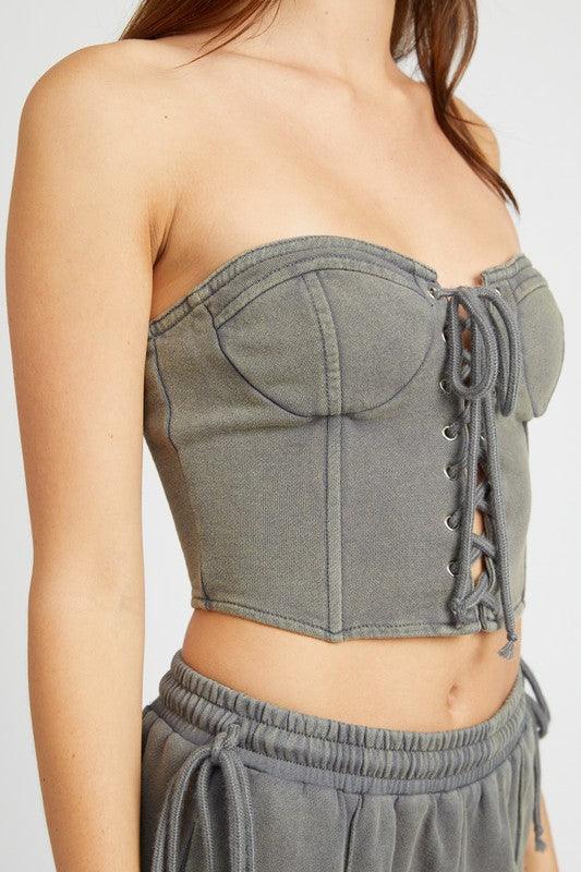 FRENCH TERRY STRAPLESS BUSTIER TOP.