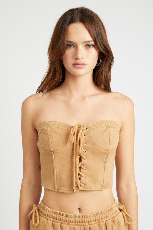 FRENCH TERRY STRAPLESS BUSTIER TOP.