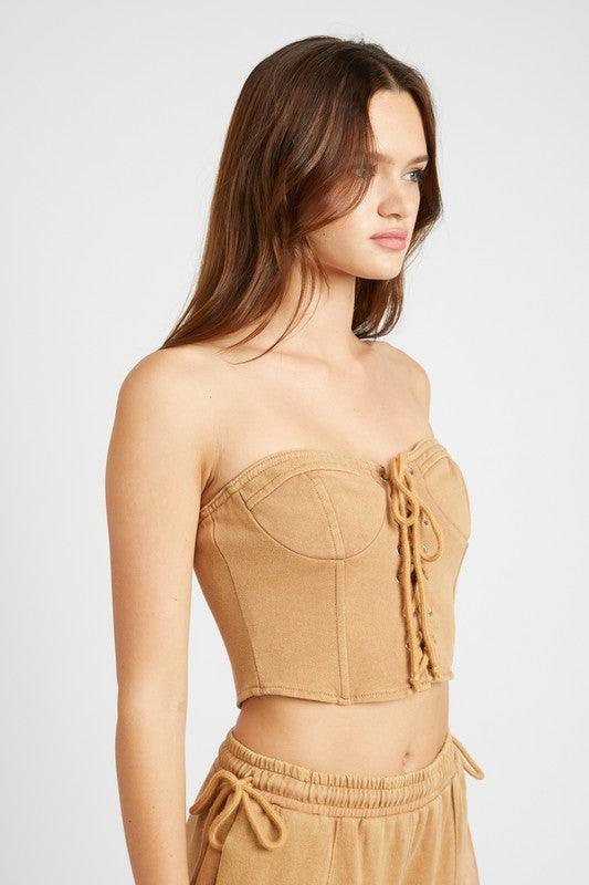 FRENCH TERRY STRAPLESS BUSTIER TOP.