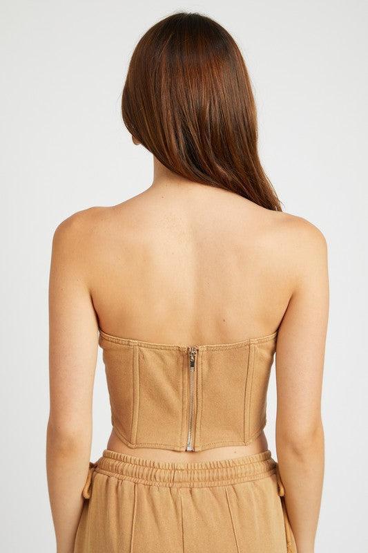 FRENCH TERRY STRAPLESS BUSTIER TOP.