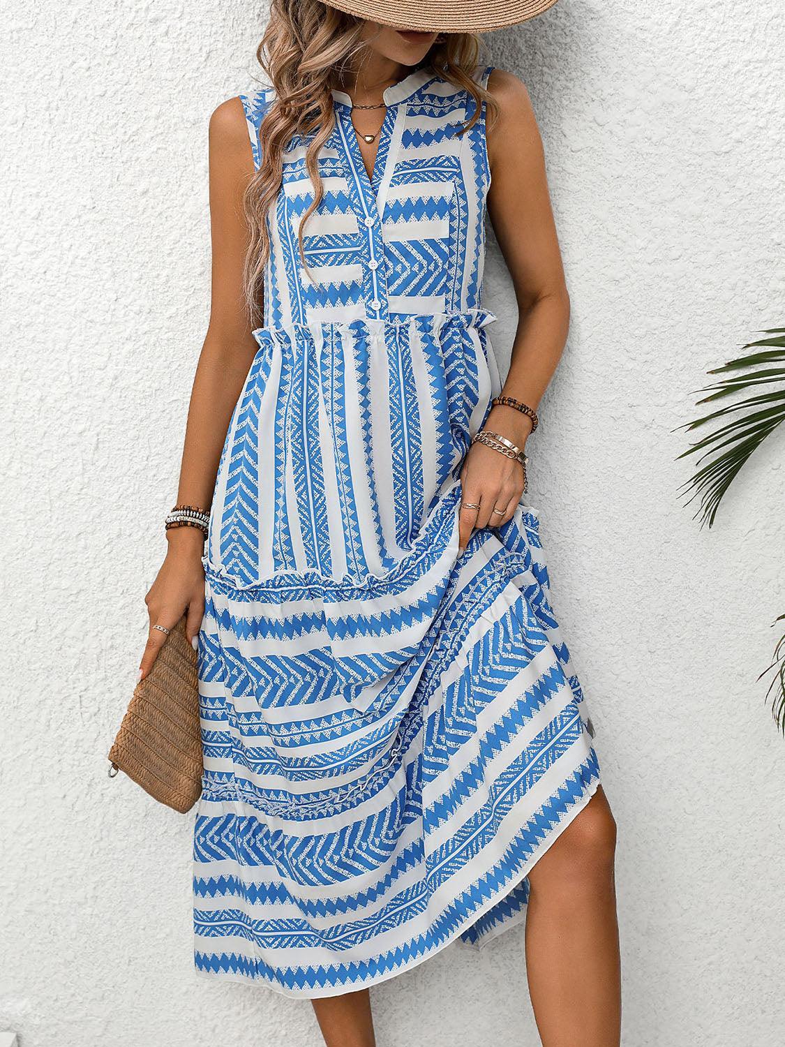 Frill Printed Notched Sleeveless Dress - SHANKARA CHÉRIE