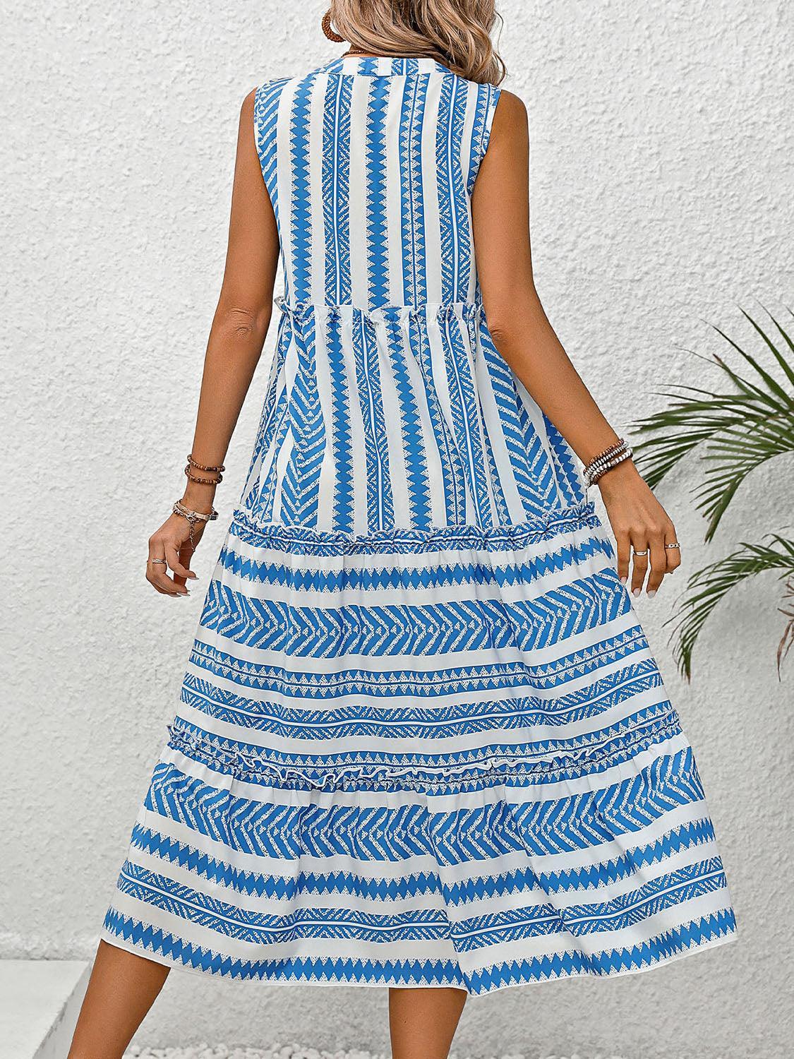 Frill Printed Notched Sleeveless Dress - SHANKARA CHÉRIE