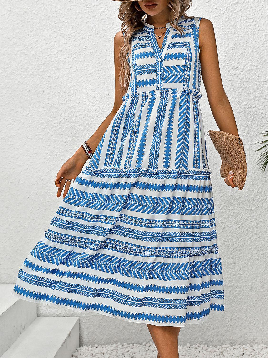 Frill Printed Notched Sleeveless Dress - SHANKARA CHÉRIE