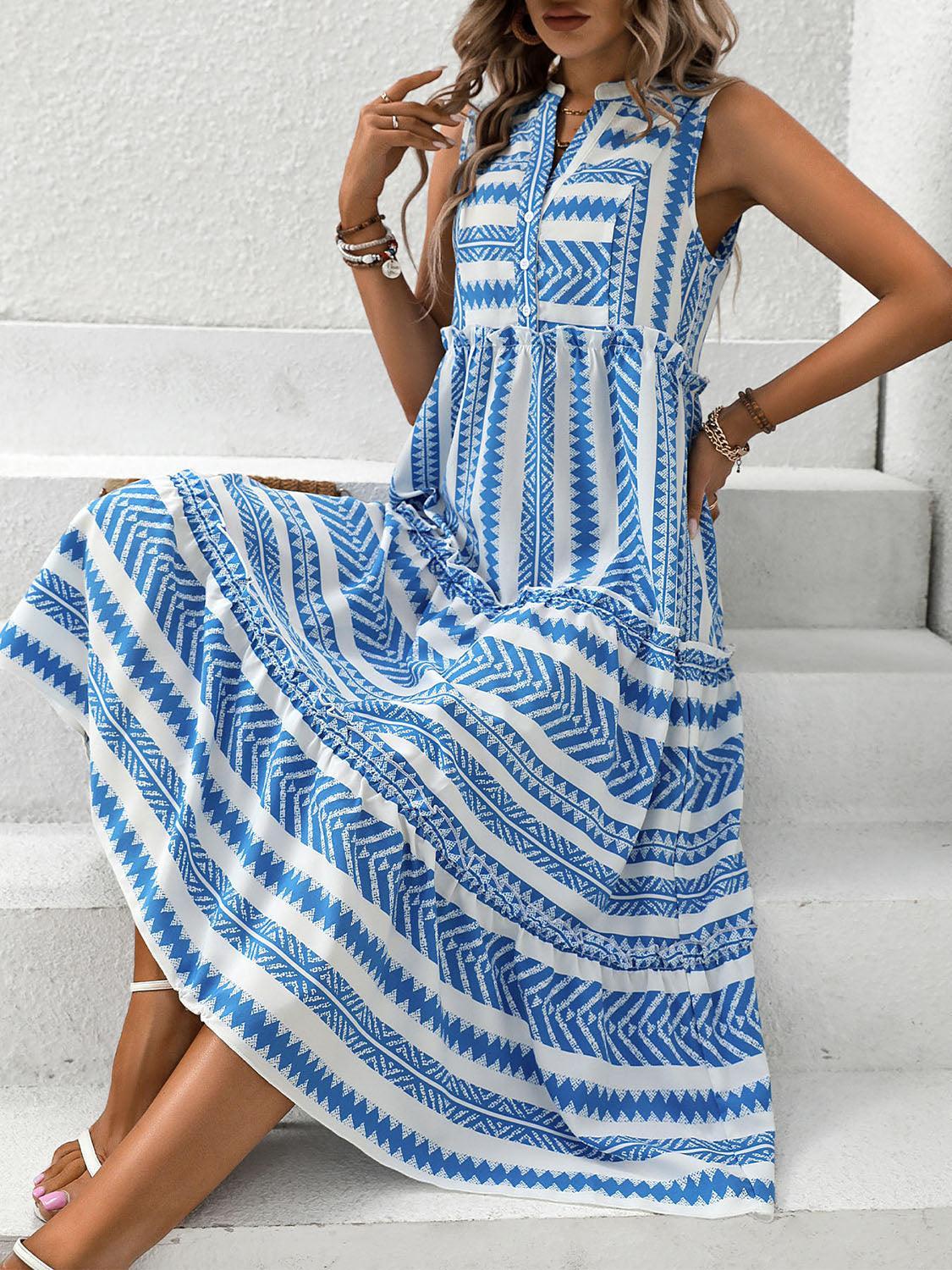 Frill Printed Notched Sleeveless Dress - SHANKARA CHÉRIE