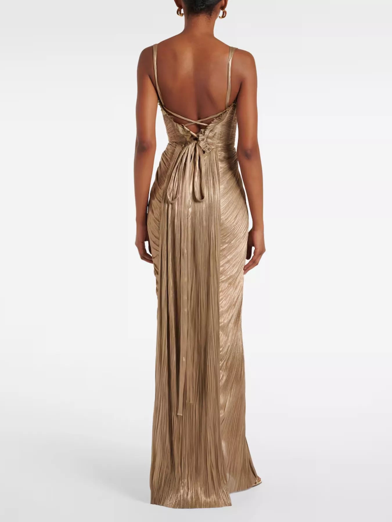 Gold Metallic Pleated Corset Maxi Dress, mid-body view showing the boned corset bustline and the densely pleated lamé skirt.
